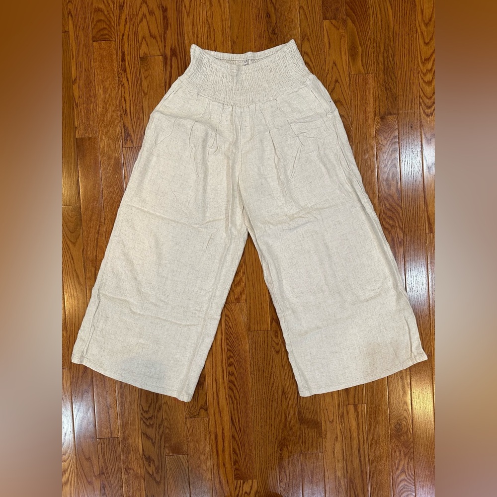 ****Shein cream cropped linen blend wide leg pull on pants women’s size small